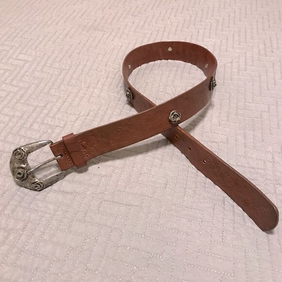 Leather Tack Belt with Silver Flowers and Embossed Leather - Picture 1 of 12